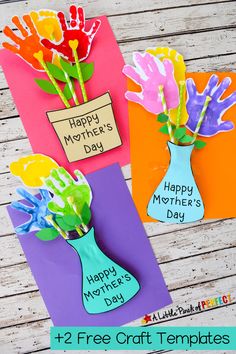 mother's day card with flowers in a vase and handprinted mothers day cards