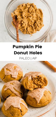 pumpkin pie donut holes on a plate with cinnamon sprinkles next to them