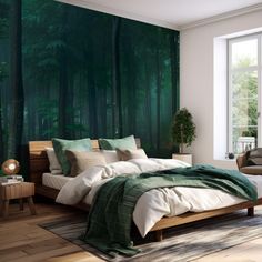 a bed room with a neatly made bed and a green forest wall mural behind it