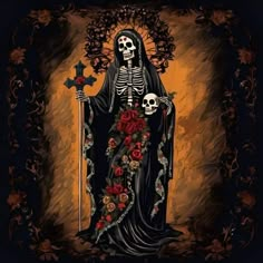 a painting of a skeleton with roses and a cross on it's head, holding a scept