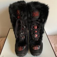 Coach Jennie Signature "C" Plaid With Rabbit Fur Trim Bootie Boots Product Details: Op Art Jacquard Boot Genuine Rabbit Fur Trim Rubber Sole Lace-Up Style. Approx. Boot Shaft Height: 8 3/4"; 15 3/4" Calf Circumference Size: 6.5m Adidas Fur Boots, Black Lace Up Boots With Fur, Aeropostale Fur Boots, Pure Vigilance Boots, Fur Trim Ankle Boots, Fur Top Boots, Brat Doll Boots, Asylum Boots, Fur Boots Aesthetic