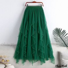 Olivia Mark - Irregular Hem Beaded Net Mesh Pleated Maxi Skirt in Green Long Tulle Skirts, Tule Rok, Gonna In Tulle, Tulle Long Skirt, Tulle Skirts, Maxi Rok, Pleated Skirts, Pleated Maxi Skirt, Brown Skirts