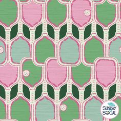 a green and pink wallpaper with an abstract design on the back ground, which is made up of overlapping shapes