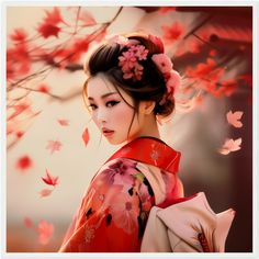 A beautiful and mysterious Japanese geisha, wrapped in a traditional kimono with a floral pattern, standing under a tree surrounded by falling leaves in the wind. She casts a furtive glance at the viewer, like a romantic flirt. The warm rose and red tones give the image a romantic atmosphere as the geisha stands gracefully amidst the falling leaves, capturing a scene of timeless beauty and serenity. ------------------------------------- A beautiful and mysterious Japanese Geisha, draped in a tra Japanese Geisha Art, Leaves In The Wind, Art Geisha, Geisha Hair, Kimono Floral, Geisha Art, Traditional Kimono, Japanese Geisha, Romantic Atmosphere