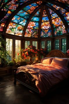 a bed sitting under a large stained glass window next to a potted plant on top of a table