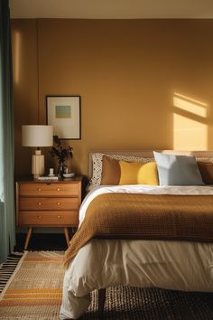 a bed sitting in a bedroom next to a window with curtains on both sides and a rug on the floor