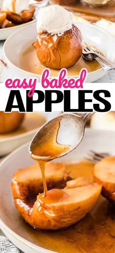 an image of baked apples being drizzled with icing on the top