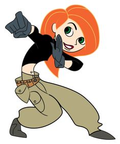 an orange haired woman in black shirt and green pants with her hands up to the side