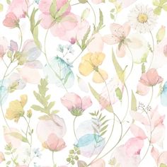 watercolor flowers on white background with green stems and pink, blue, yellow, and orange leaves