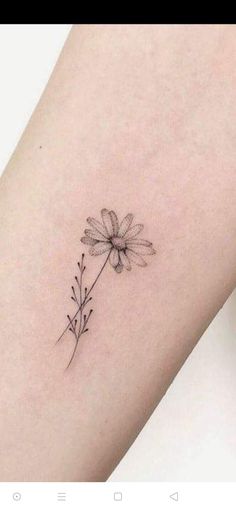 a small daisy flower tattoo on the right side of the arm, with black ink