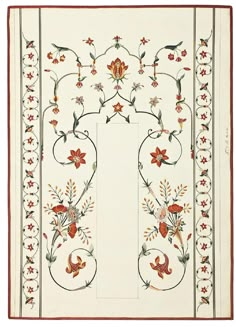 an embroidered wall hanging with flowers and vines on it's border, in white