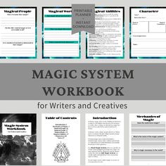 the magic system workbook for writer and creatives is shown in three separate sections