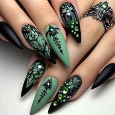 Black And Green Gothic Wedding, Gothic Fairy Nails, Green Gothic Makeup, Wensday Nails, Black Purple Green Nails, Gothic Green Nails, Hunter Green Fall Nails, Gothic Cathedral Nails, Emerald Green And Grey Wedding