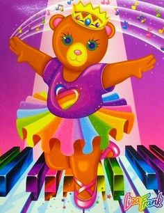 a painting of a teddy bear wearing a crown on top of an electronic piano keyboard