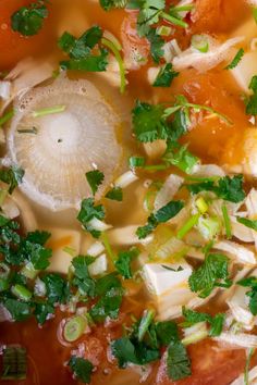 a bowl filled with soup and garnished with cilantro, onions, carrots and parsley