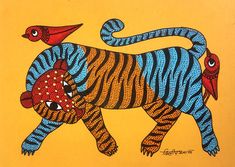 a painting of a tiger on yellow with blue stripes and red eyes, holding a fish in it's mouth