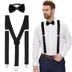 PRICES MAY VARY. 【Material and Size】 The suspenders are made of polyester and elastane fiber. They're elastic. The bowties are made of polyester. The length of the suspenders are adjustable, the length is 24.4 inch-39.37 inch (62cm-100cm) and 1 inch (2.5cm) wide. bowties' Adjustable length is 11.5inch-19inch(29.2cm-48.26cm). The width is 2.7inch (6.86cm). Suitable for most people to wear. 【Applicable Occasions】 This suspender and bow tie set is not only great for formal occasions such as wedding Black Suspenders Men, Suspenders Women, Mens Suspenders, Suspenders And Bow Tie, Suspenders For Men, Bow Tie Suspenders, Black Suspenders, Suspenders For Women, Suspenders Men