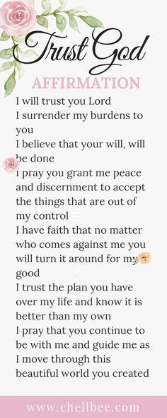 a poem written in pink and white with the words trust god affirmation on it