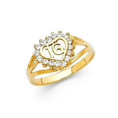 a gold ring with an open heart and two diamonds in the middle, on a white background