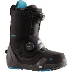 the burton snowboard boots are black with blue details on the soles and sides