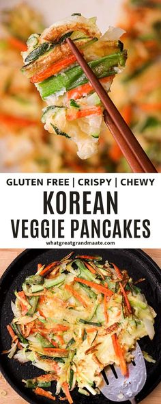 korean veggie pancakes with chopsticks on top and in the background text reads gluten free crispy i chewy korean veggie pancakes