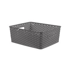 a gray plastic basket with holes on the sides and handles, sitting against a white background