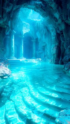 an underwater cave with steps leading into the water and blue light coming from it's entrance