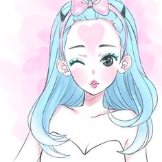 a drawing of a girl with blue hair and bows on her head, wearing a white top