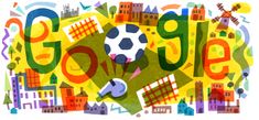 the words google are written in different colors and shapes with a soccer ball on it