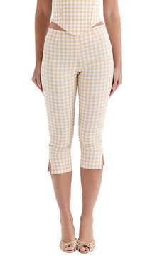 A fun gingham pattern brings a pop of color to these stretchy capri pants with slits at the hems. Exclusive retailer 21" inseam; 12 1/2" leg opening; 10 1/2" front rise; 12 1/2" back rise (size Small) Pull-on style 77% viscose, 21% polyester, 2% elastane Dry clean Imported 60s Capri Pants, Capri Pants Pattern, Gamine Essence, Capris Outfit, Capri Pants Outfits, Pants Nordstrom, Capri Outfits, Outfit Aesthetics, Capri Set