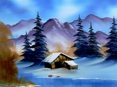 a painting of a cabin in the snow