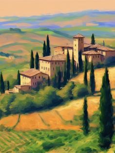 a painting of an italian countryside with cypress trees and old farmhouse houses in the foreground