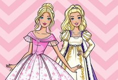 two barbie dolls standing next to each other in front of a chevron pink background