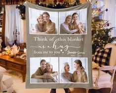 a woman holding up a blanket that has photos of her family and the words think of this blanket as a hug from me to you