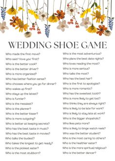 a wedding shoe game with flowers hanging from it's sides and question marks below