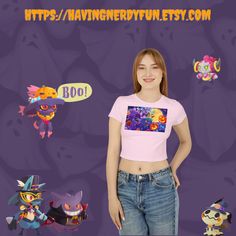 a woman standing in front of a purple background with cartoon characters around her and the words boo on it