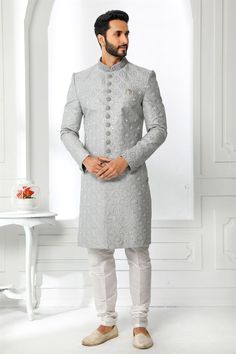 Silk Grey Artistic Magnificent Readymade Men Sherwani For Wedding Wear Sherwani For Wedding, Men Sherwani, Sherwani Groom, Sherwani For Men, Wedding Outfit Men, Embroidered Art, Utsav Fashion