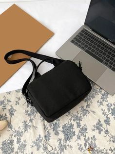 BirdinBag - Square Bag with Slogan Patch DÃÂÃÂ©cor Black Shoulder Bag For School, Casual Black Rectangular Shoulder Bag, Casual On-the-go Shoulder Box Bag, Black Canvas Satchel Bag For Daily Use, Black Satchel Canvas Bag For Daily Use, Black Canvas Satchel For Daily Use, Casual Crossbody Box Bag For On-the-go, Large Capacity Black Rectangular Bag, Large Capacity Satchel For School