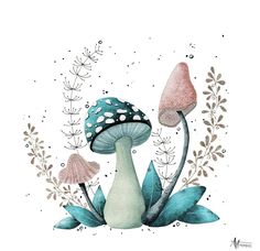 a watercolor painting of mushrooms and plants