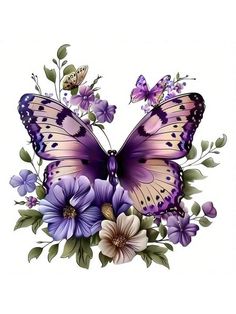 a purple butterfly sitting on top of flowers with butterflies flying around it's wings