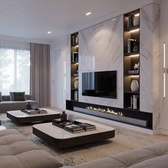 modern living room with fireplace and built in entertainment center