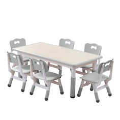 a white table with six grey chairs around it and an empty chair next to it