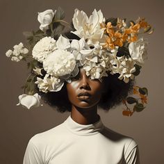 a woman with flowers in her hair and white shirt on top of her head, against a brown background