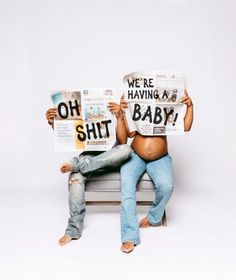 Oh Sh*t we’re having a Baby! Newspaper concept. Cool Baby Announcement Ideas, New Baby Announcement Ideas, Future Baby Ideas, Pregnancy Anouncment Ideas Photoshoot, Another Baby Announcement, Diy At Home Maternity Pictures, We’re Expecting Photos, News Paper Baby Announcement, Newspaper Maternity Photoshoot