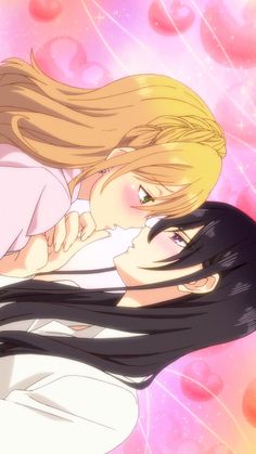 two anime characters are kissing in front of some heart shaped bubbles on a pink background