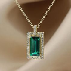 Gold Link Chain, Emerald Pendant, Emerald Necklace, Art Deco Diamond, Emerald Jewelry, Green Gemstones, Green Emerald, Diamond Pendant Necklace, Handmade Pendant