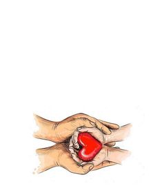 two hands holding a red heart in each other's palm, against a white background