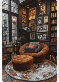 a living room filled with lots of books and pictures on the wall next to a round rug