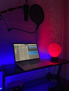 Blue mood lighting, red mood lighting, microphone, laptop with Logic Pro Music Producer Studio Aesthetic, Music Producer Aesthetic Room, Producer Aesthetic Music, Music College Aesthetic, Music Making Aesthetic, Home Recording Studio Aesthetic, Studio Aesthetic Music, Musician Room Aesthetic, In Studio Aesthetic