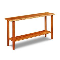 Live edge solid cherry sofa table with four post legs and low shelf, from Maine's Chilton Furniture Co. Live Edge Sofa Table, Edge Sofa Table, Live Edge Console Table, Sofa Table Design, Oak Sofa, Shaker Pegs, Wood Sample, Wooden Projects, Large Sofa